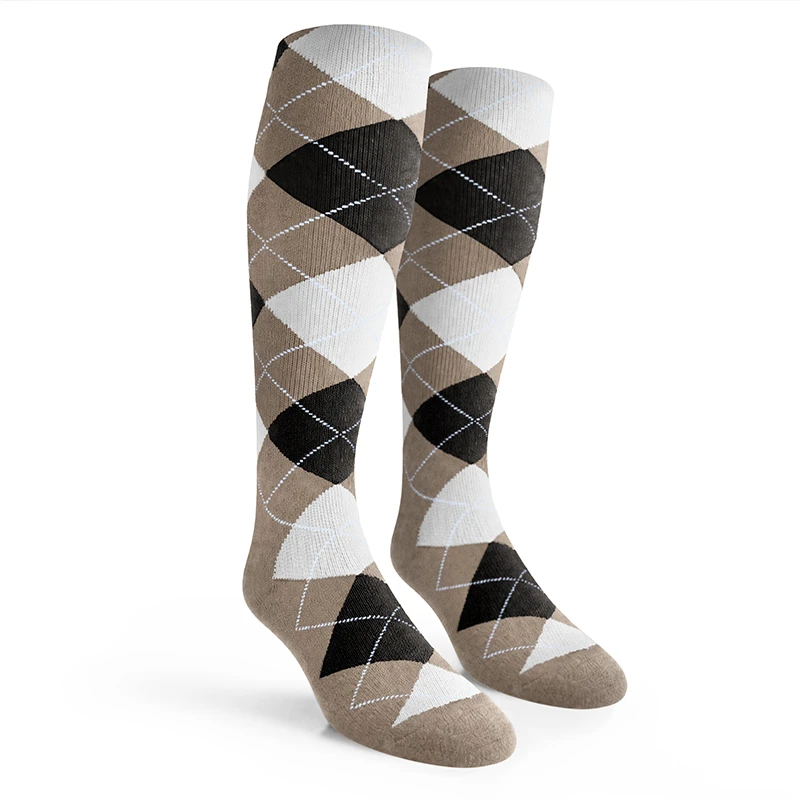 Youth Over the Calf Argyle Socks Taupe, Black and White