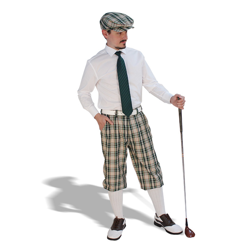 Golf Outfit - Mens Khaki Stewart Plaid Golf Knickers & Lime Shirt