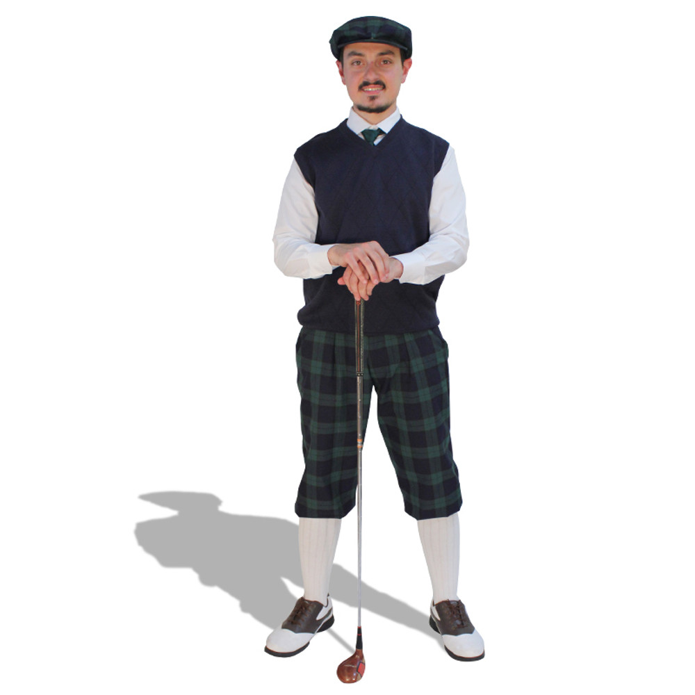 Dress Shirt Sweater Golf Outfit - Mens Black Watch & White with Green Tie