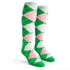 Ladies Over the Calf Argyle Socks Lime Green, Pink and White