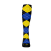 Ladies Over the Calf Argyle Sock Black, Royal Blue and Yellow 360 View