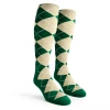 Ladies Over the Calf Argyle Socks Dark Green and Natural