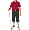 Mens Sport Clubhouse Cotton Solid Black Golf Shirt with Black Golf Knickers and Maroon and White Argyle Socks