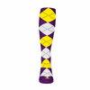 Ladies Over the Calf Argyle Sock Purple, Yellow and White 360 View