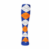 Ladies Over the Calf Argyle Sock Royal Blue, White and Orange 360 View