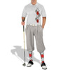 Mens Sport Pro Dry White Microfiber Shirt with Taupe, Red and White Argyle Paradise Design with Taupe Golf Knickers and Matching Argyle Socks