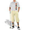 Mens Sport Pro Dry White Microfiber Shirt with Natural, Black and Orange Argyle Paradise Design with Natural Golf Knickers and Matching Argyle Socks