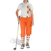Ladies Sport Pro Dry White Microfiber Shirt with Orange and White Argyle Paradise Design and Orange Golf Knickers with Matching Argyle Socks