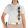 Ladies Sport Pro Dry White Microfiber Shirt with Khaki and Black Argyle Paradise Design Front