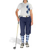 Ladies Sport Pro Dry White Microfiber Shirt with Navy Blue and Light Blue Argyle Paradise Design with Navy Blue Golf Knickers and Matching Argyle Socks