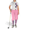 Ladies Sport Pro Dry White Microfiber Shirt with Navy Blue and Pink Argyle Paradise Design with Pink Golf Knickers and Matching Argyle Socks