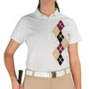 Ladies Sport Pro Dry White Microfiber Shirt with Khaki, Black and Maroon Argyle Paradise Design Front