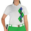 Ladies Sport Pro Dry White Microfiber Shirt with Lime Green, Black and Royal Blue Argyle Paradise Design Front