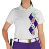 Ladies Sport Pro Dry White Microfiber Shirt with Purple, Pink and White Argyle Paradise Design Front