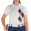 Ladies Sport Pro Dry White Microfiber Shirt with Navy Blue, Orange and White Argyle Paradise Design Front