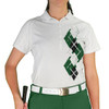Ladies Sport Pro Dry White Microfiber Shirt with Dark Green, Black and White Argyle Paradise Design Front