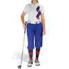 Ladies Sport Pro Dry White Microfiber Shirt with Royal Blue, Red and Black Argyle Paradise Design with Royal Blue Golf Knickers and Matching Argyle Socks