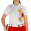Ladies Sport Pro Dry White Microfiber Shirt with Khaki, Royal Blue and White Argyle Paradise Design Front