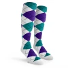Argyle Socks - Ladies Over-the-Calf - 6J: White/Purple/Teal