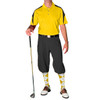 Mens Sports Microfiber Duel Tone Caddie Yellow and Black Shirt with Black Golf Knickers and Yellow and White Argyle Socks