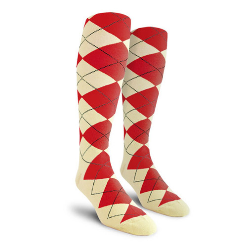 Ladies Over the Calf Argyle Socks Natural and Red