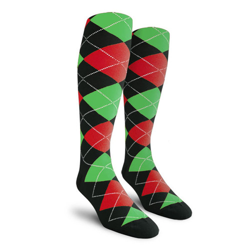 Ladies Over the Calf Argyle Socks Black, Red and Lime