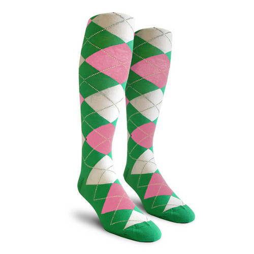 Ladies Over the Calf Argyle Socks Lime Green, Pink and White