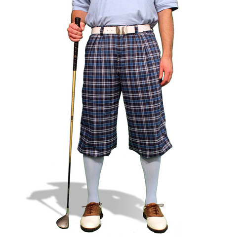 Mens Outdoor Sports Eaglesham Plaid Golf Knickers Front with Light Blue Socks and Shirt