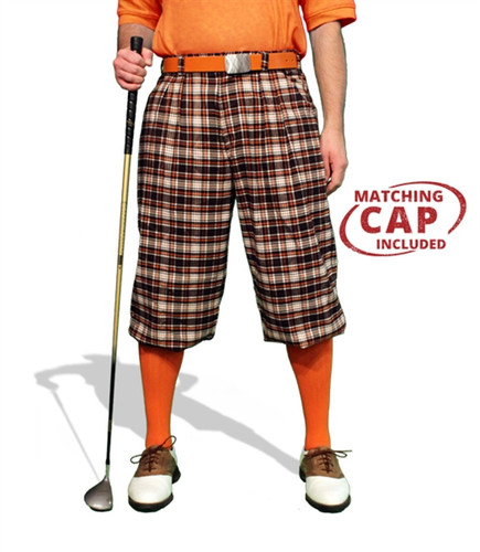 Mens Outdoor Sports Falkirk Plaid Golf Knickers Front with Orange Socks and Shirt