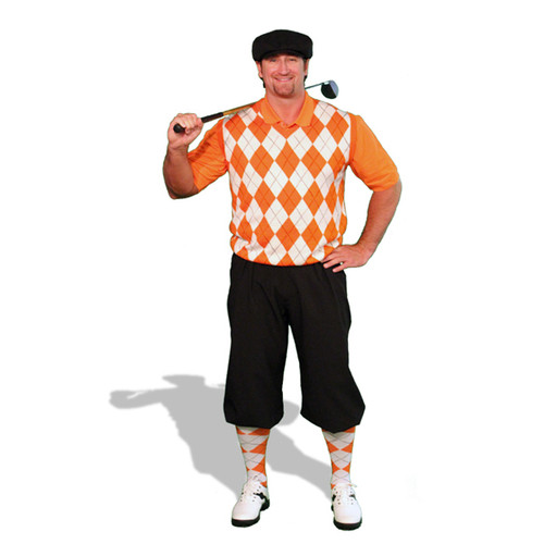 Mens Outdoor Sports Black Microfiber Golf Knickers and Golf Cap with Orange and White Argyle Sweater Vest and Matching Argyle Socks and Solid Orange Shirt