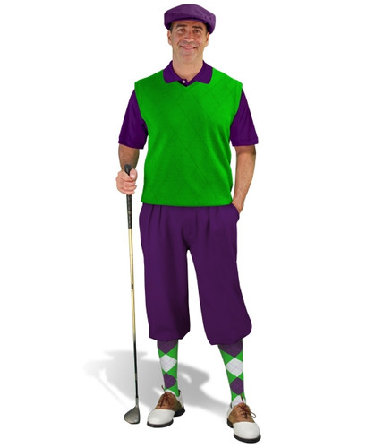 Mens Purple, Lime & White Sweater Golf Outfit