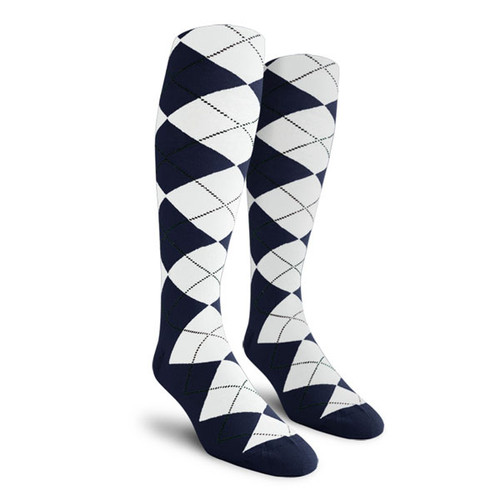 Ladies Over the Calf Argyle Socks Navy and White