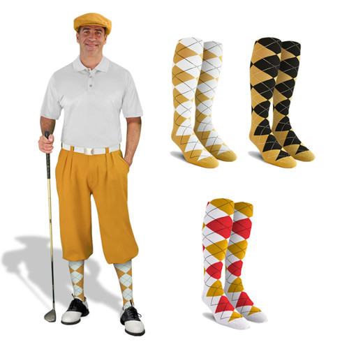 Mens Outdoor Sports Gold Microfiber Golf Knickers and Golf Cap with Three Matching Argyle Socks