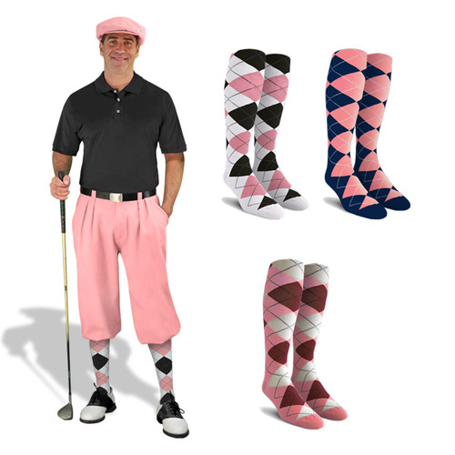 Mens Outdoor Sports Pink Microfiber Golf Knickers and Golf Cap with Three Matching Argyle Socks