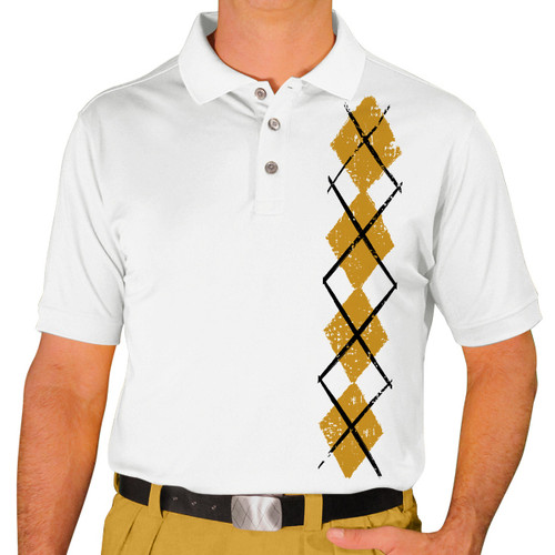 Mens Sport Pro Dry White Microfiber Shirt with Gold Argyle Heaven Design Front