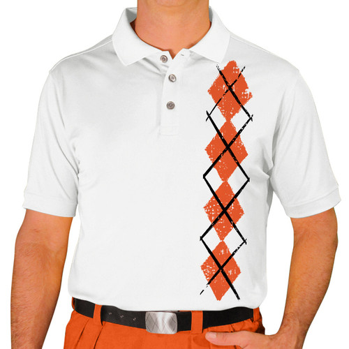 Mens Sport Pro Dry White Microfiber Shirt with Orange Argyle Heaven Design Front