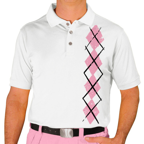 Mens Sport Pro Dry White Microfiber Shirt with Pink Argyle Heaven Design Front