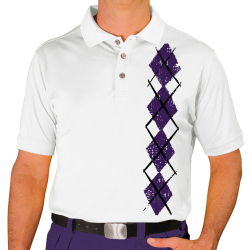 Mens Sport Pro Dry White Microfiber Shirt with Purple Argyle Heaven Design Front