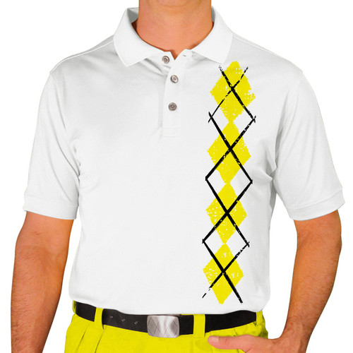 Mens Sport Pro Dry White Microfiber Shirt with Yellow Argyle Heaven Design Front