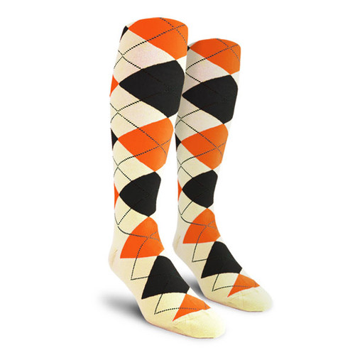 Ladies Over the Calf Argyle Socks Natural, Black and Orange