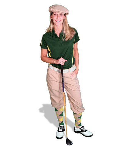 Ladies Khaki, Dark Green & Yellow Golf Outfit