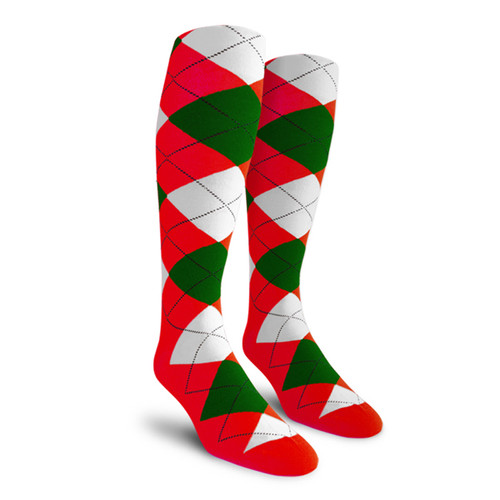 Mens Over the Calf Argyle Socks Red, Dark Green and White