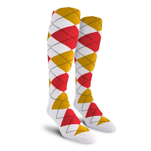 Mens Over the Calf Argyle Socks White, Gold and Red