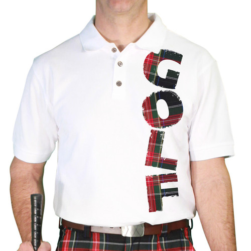 Mens Sport Pro Dry White Microfiber Shirt with Black Stewart Plaid Golf Design