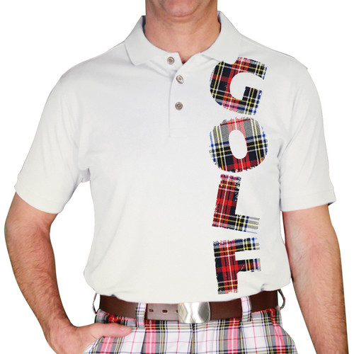 Mens Sport Pro Dry White Microfiber Shirt with Dress Stewart Plaid Golf Design