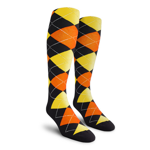 Mens Over the Calf Argyle Socks Black, Orange and Yellow