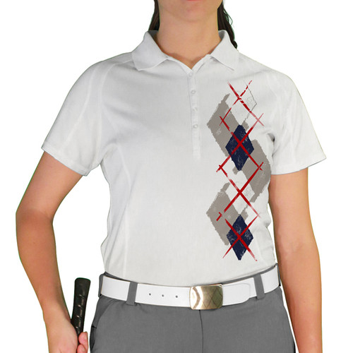 Ladies Sport Pro Dry White Microfiber Shirt with Taupe, Navy and White Argyle Paradise Design Front