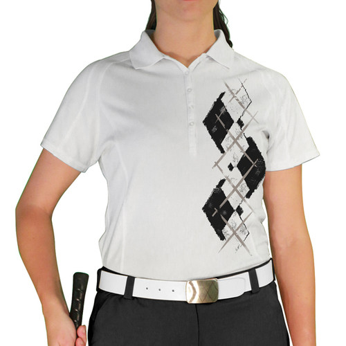 Ladies Sport Pro Dry White Microfiber Shirt with Black and White Argyle Paradise Design Front