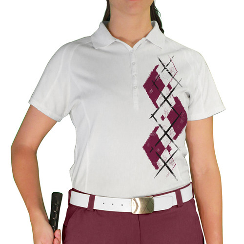 Ladies Sport Pro Dry White Microfiber Shirt with Maroon and White Argyle Paradise Design Front