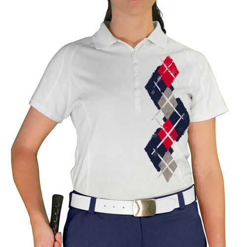 Ladies Sport Pro Dry White Microfiber Shirt with Navy Blue, Taupe and Red Argyle Paradise Design Front